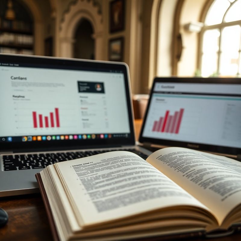 Close-up of an open cream-paged reference journal beside a laptop showing a content analytics dashboard