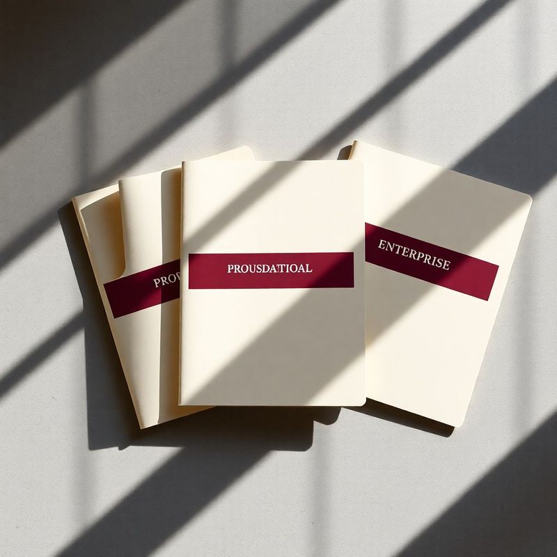 Three cream proposal folders labelled Foundation, Professional, and Enterprise on a stone-grey desk