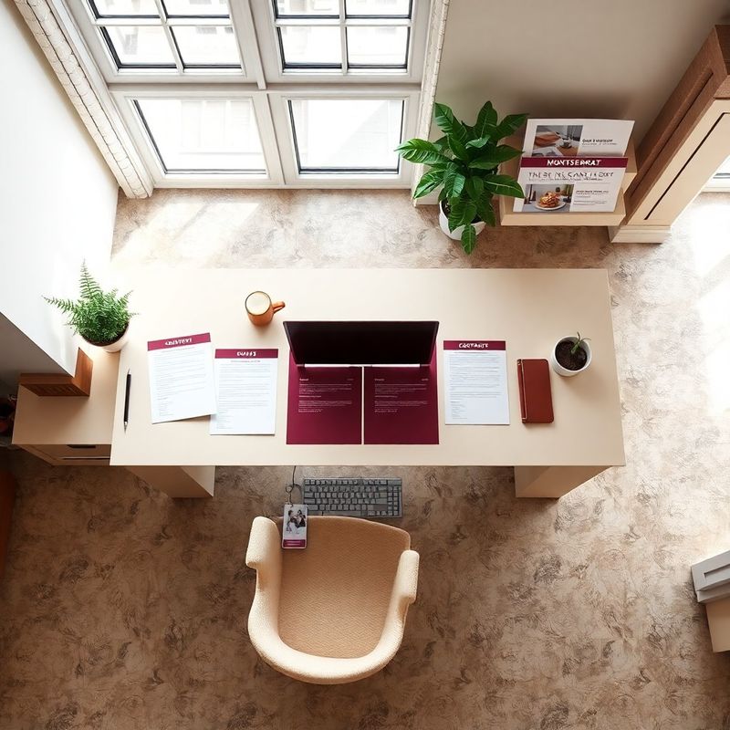Overhead view of a cream desk with burgundy-tabbed editorial planning documents and a content pipeline board
