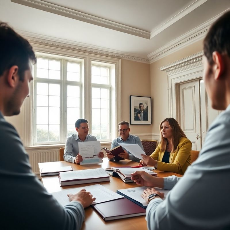 Wide-angle view of a strategy session in a Georgian meeting room with burgundy-bound playbooks