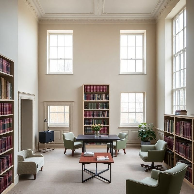 Interior of a converted Georgian upper-floor office with cream plaster walls and burgundy-spined books